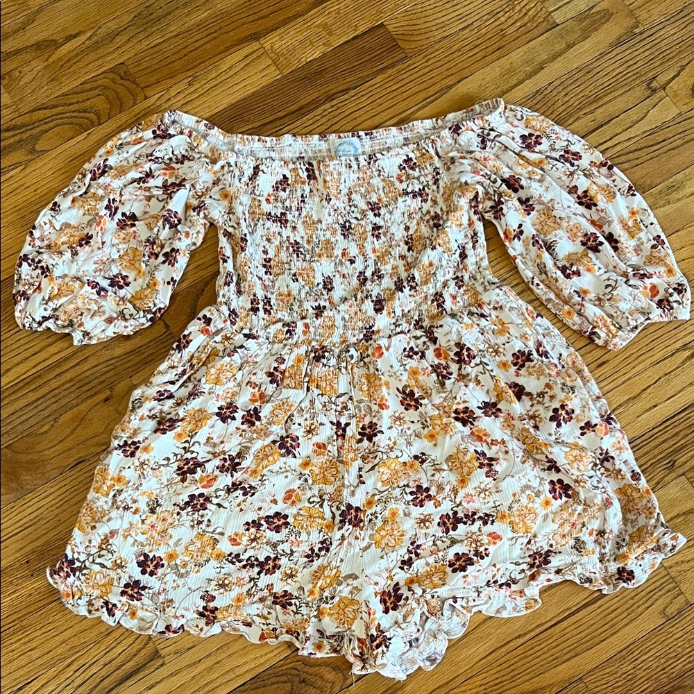 Blue Rain White Romper with Mustard and Burgundy Floral Print